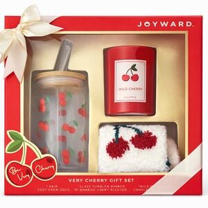 🍒Joyward Very Cherry 🍒 Gift Set Tumbler Candle Cozy Socks Cherry Theme NIB